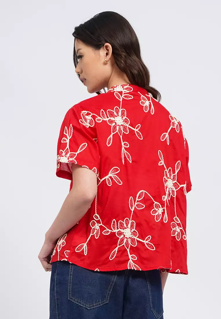 V-Neck Blouse with Contrast Embroidery RED