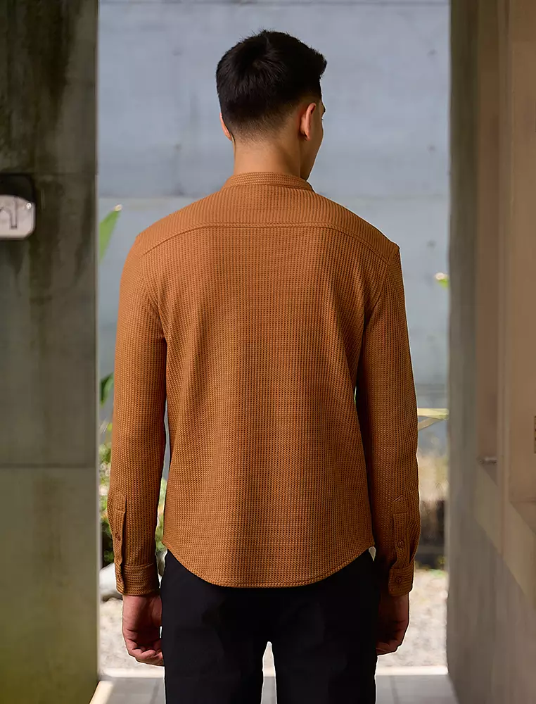 OXCON kemeja Tangan Panjang Waffle Kerah Collarless Teracotta
