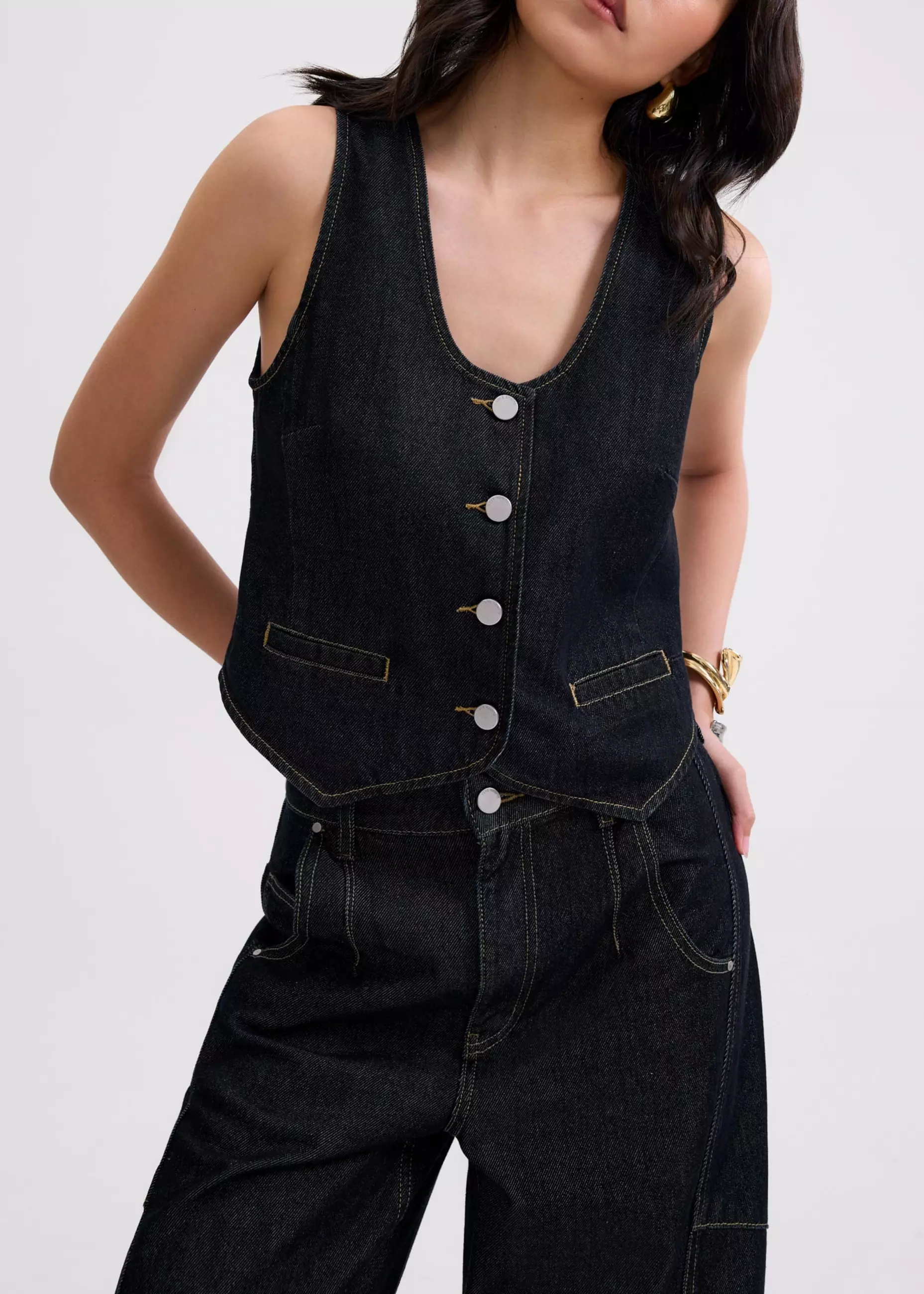 Vest Wanita - Relaxed Denim Scoop Neck Tailored Vest