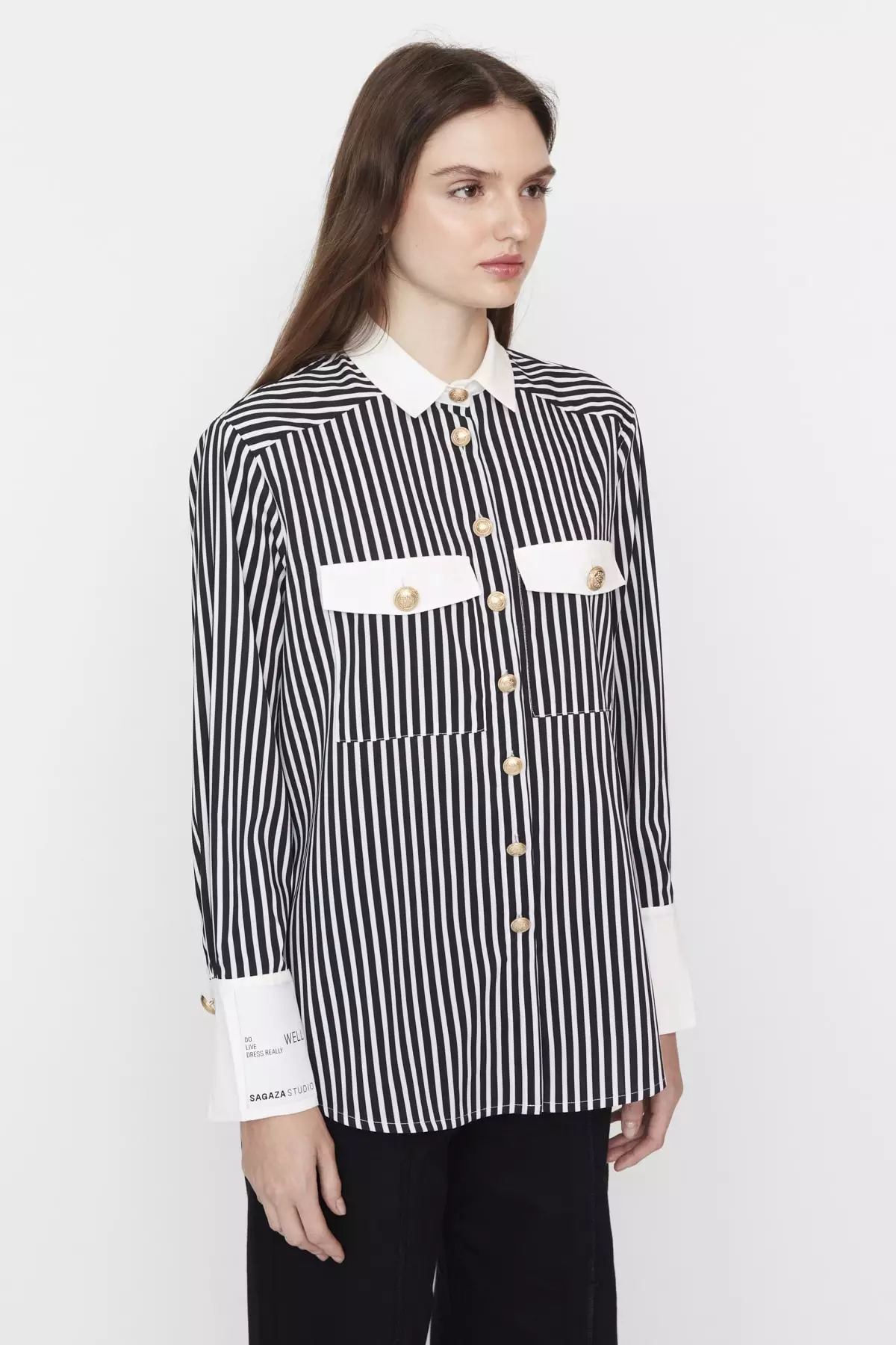 Trendyol X Sagaza Studio Black and White Striped Shirt with Button ...