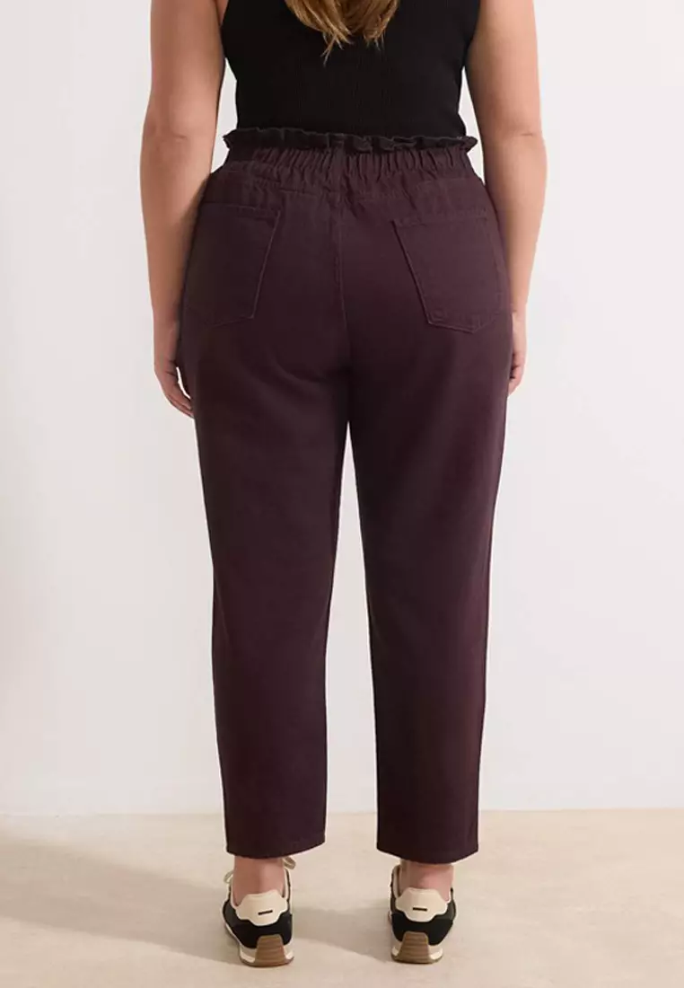 Burgundy High Waist Elastic Waist 100% Cotton Plus Size Mom Jeans Tbbaw23Je00002