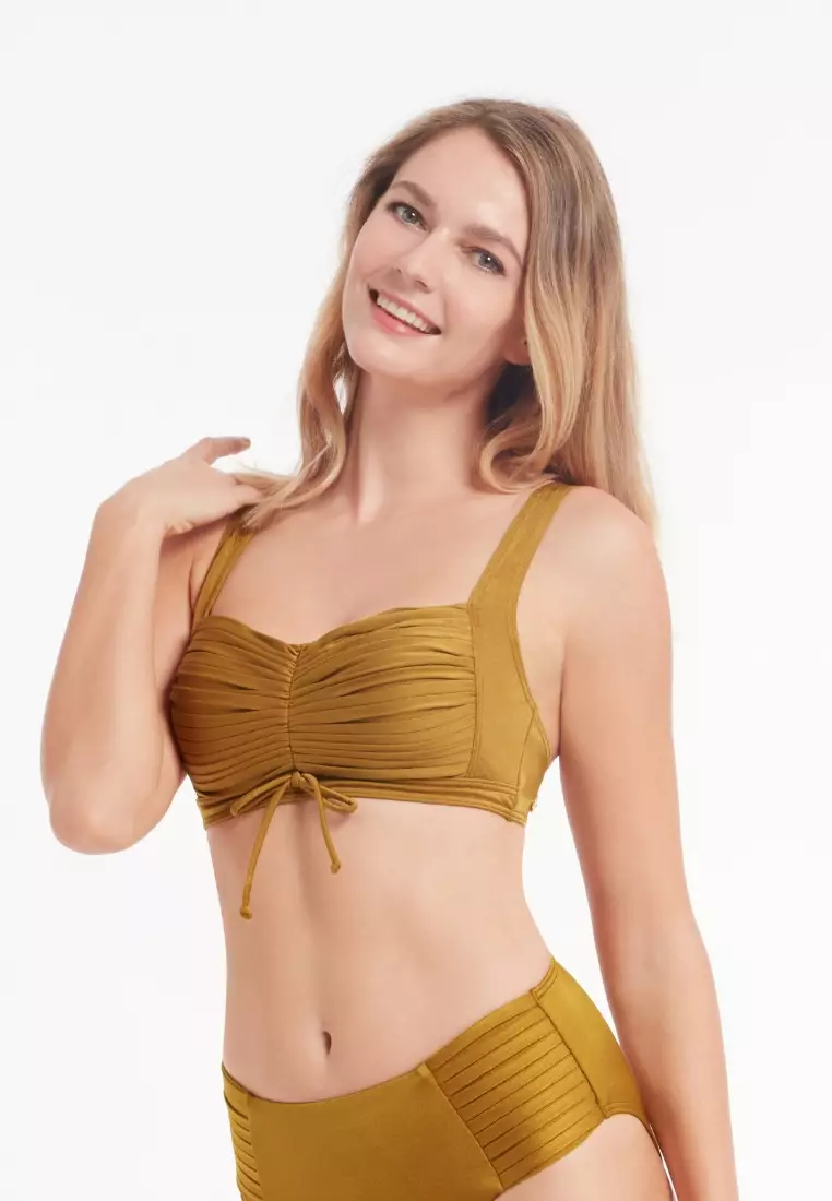 Riviera黃色摺皺方領比基尼上衣