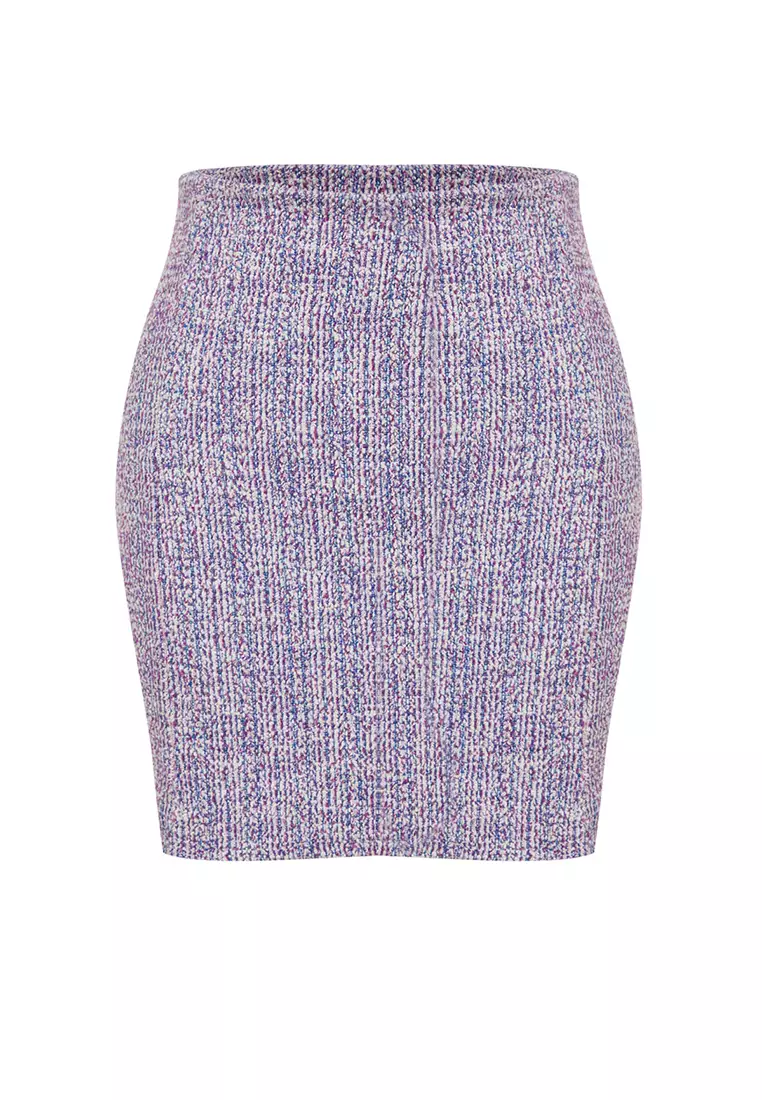 Buy Trendyol Zipper and Slit Tweed Regular Waist Mini Knitted