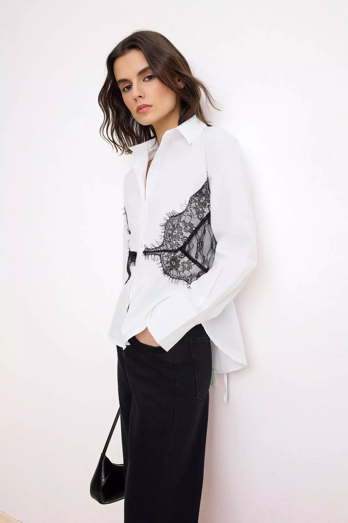 White Lace Detail Adjustable Waist Shirt Twoss26Go00164