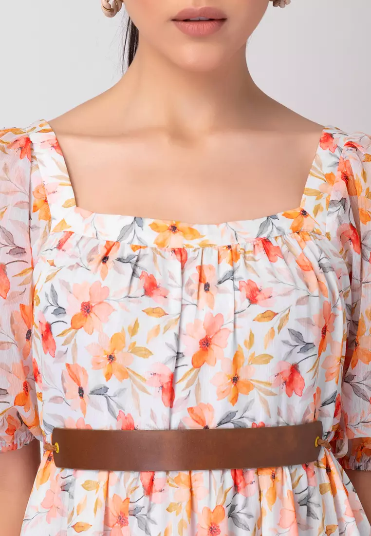 White Floral Print Puff Sleeve Tiered Maxi Dress With Belt