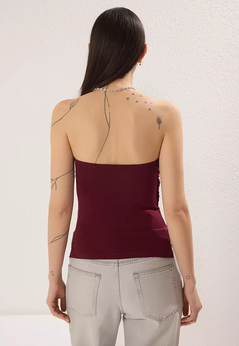 Plum 100% Cotton Strapless Gathered/Drape Detailed Knitted Blouse TWOSS25BZ00484