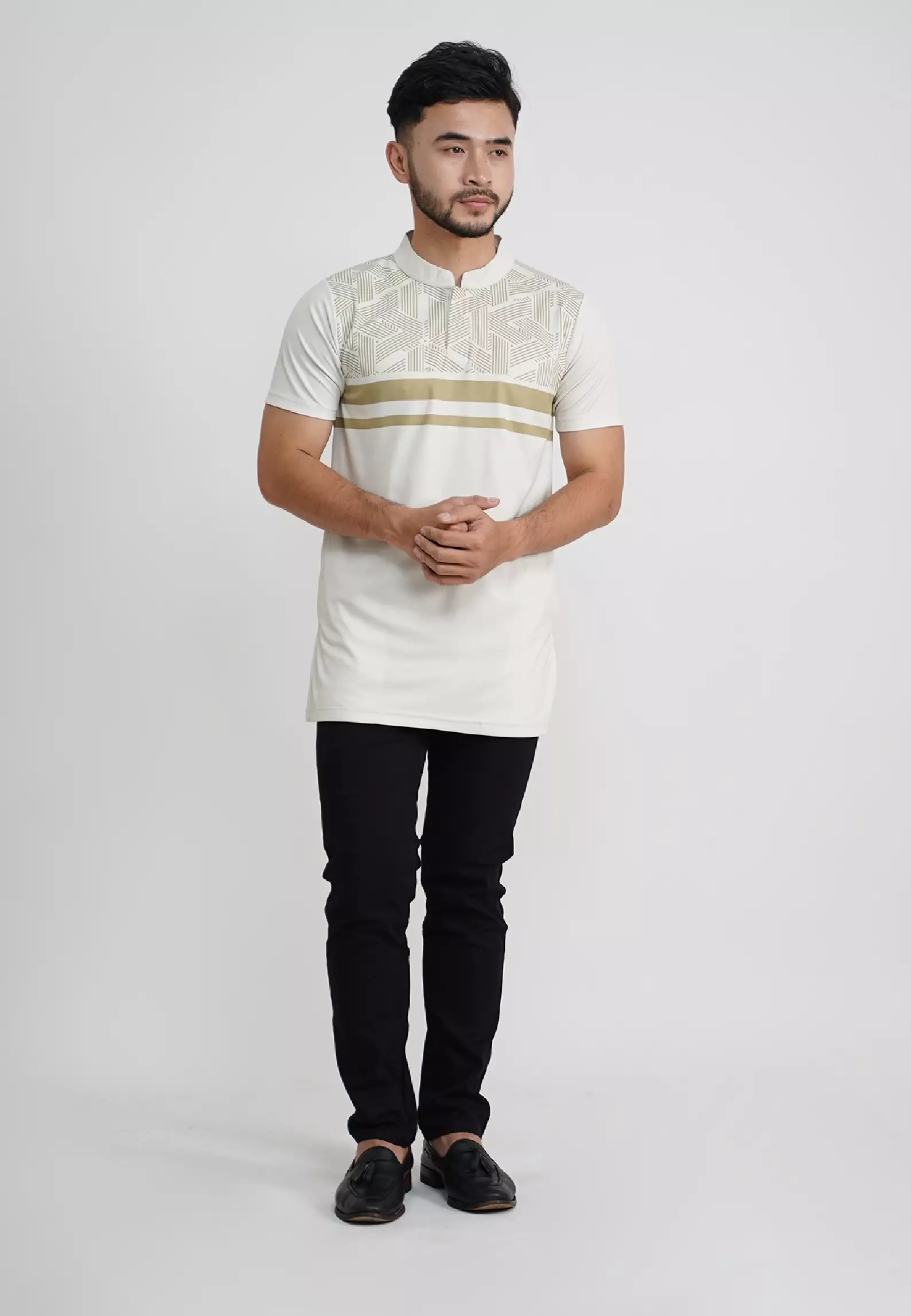 Tiento Pakaian Koko Pria Baju Muslim Kurta Atasan Lengan Pendek Motif Ixora