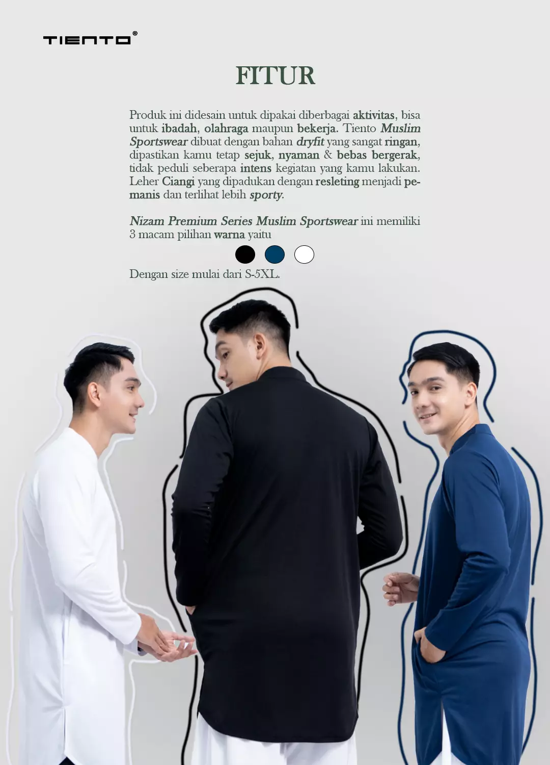 Tiento Set Nizam Baju Koko Lengan Panjang 3in1 Kurta Muslim Ciangi Kerja Sarung Celana 2in1 Saku Dry Fit Ibadah Salat Hitam dan Putih Ramadhan