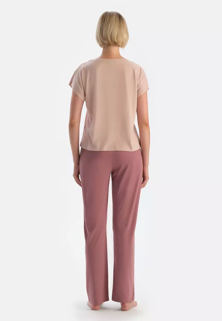 2-Pack Ecru-Pink Trousers, Floral Print, Regular Fit, Sleepwear for Women