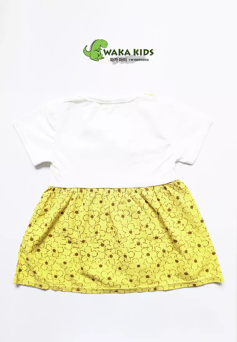 Wakakids Dress Bayi Anak Perempuan Lengan Pendek Katun Flowers Mickey 4485 Venrc Akula Cream