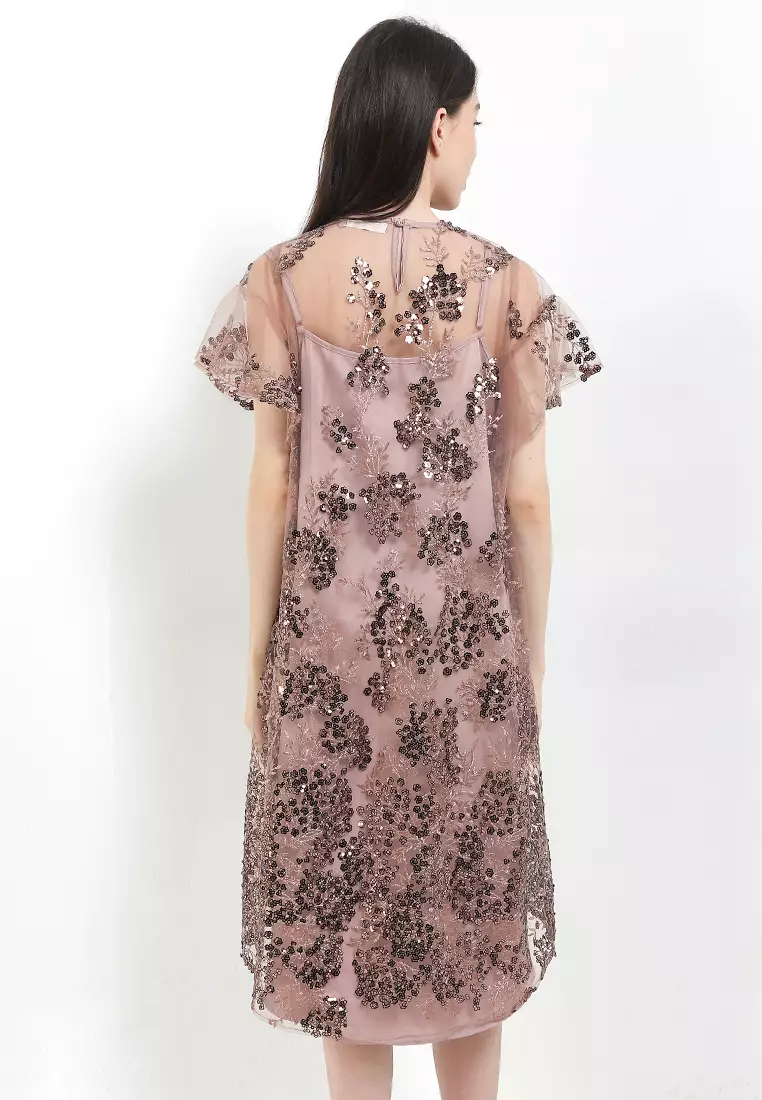 Seq Emb Ruffle Sleeves Dress
