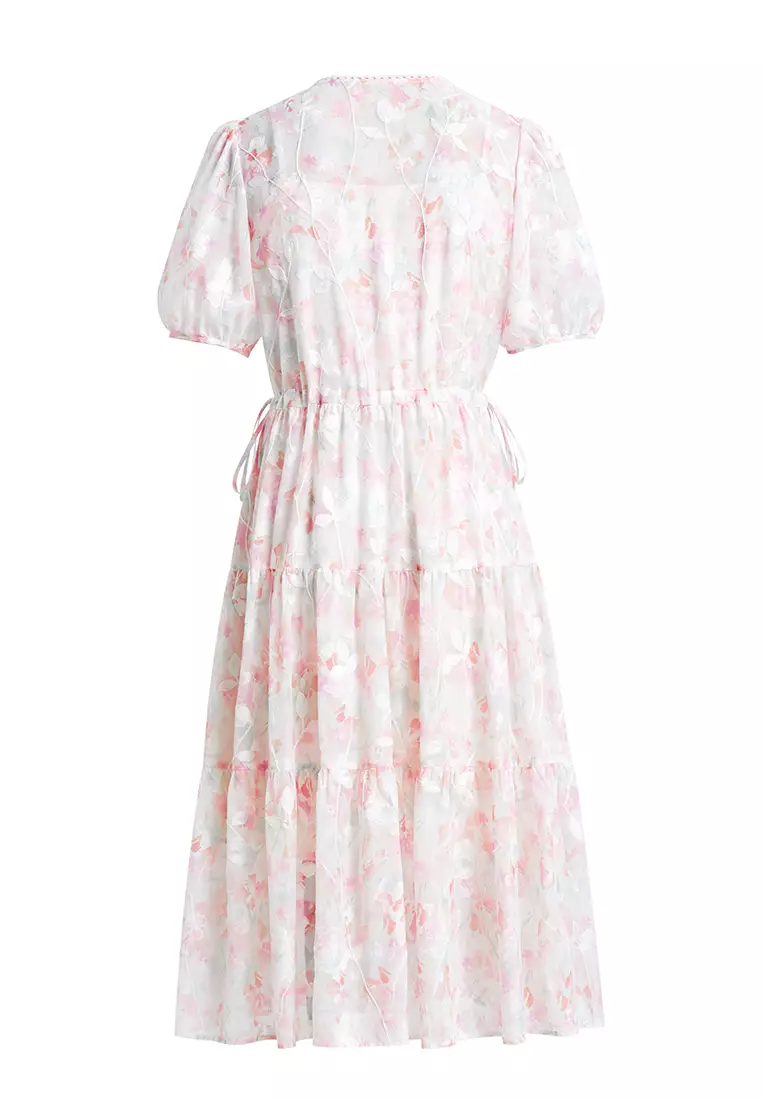 Puff Sleeve V-Neck Ruched Floral Dress with Waist Tie