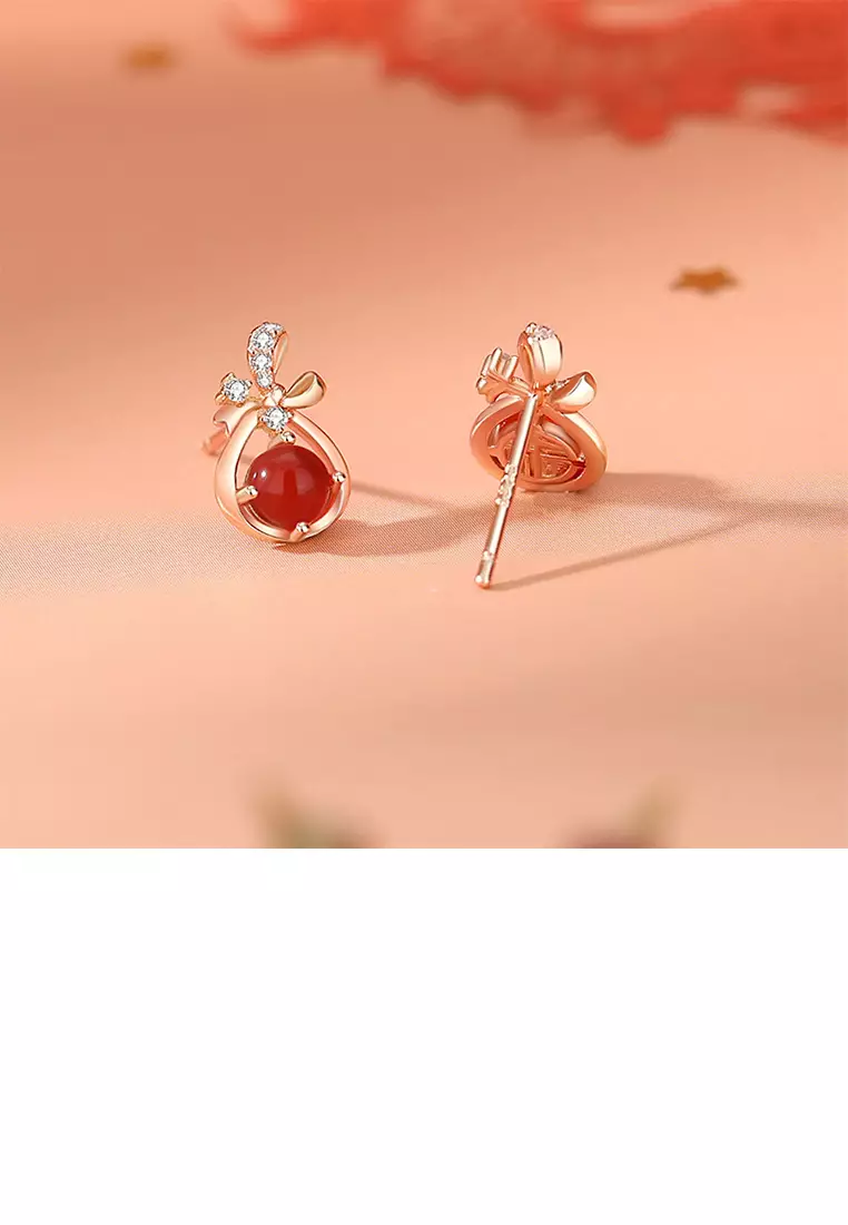 925 Sterling Silver Plated Rose Gold Simple Cute Ribbon Imitation Red Agate Stud Earrings with Cubic Zirconia Luxurious Look Vibrant Color
