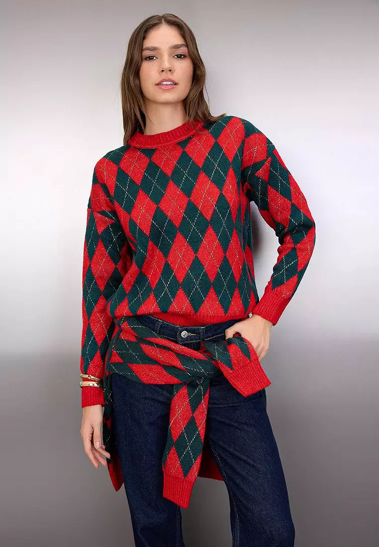 Red New Year's Themed Soft Textured Glittery Knit Sweater