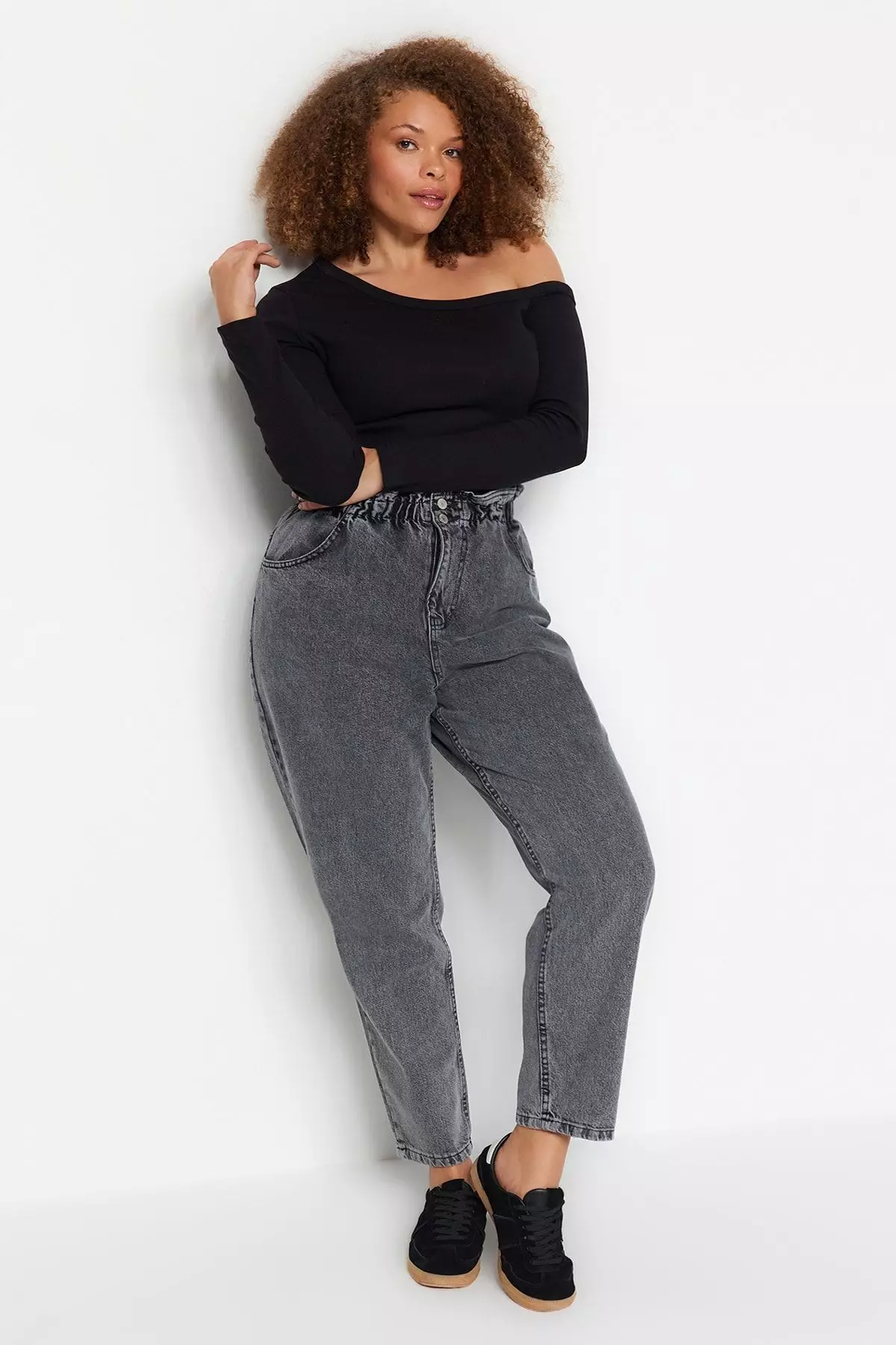 Gray High Waist Elastic Waist Mom Jeans TBBAW23JE00002