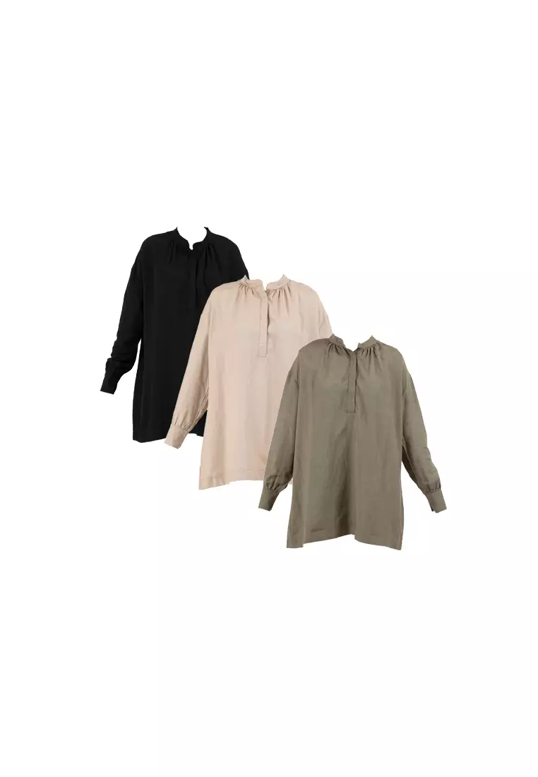 Forest Ladies Linen Oversized Band Collar Plain Blouse Women Long Sleeve Tunic | Baju Perempuan - 822391-01Black