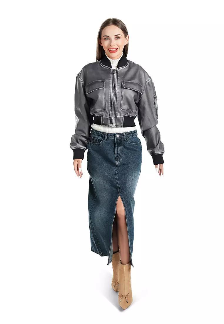 Jaket Lengan Panjang dengan Kantong Lipat Warna Charcoal