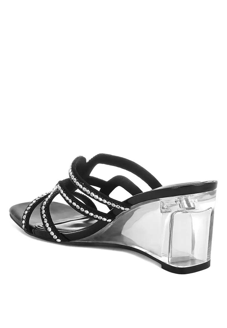 Sandal wedges bening dengan berlian imitasi metalik berwarna hitam