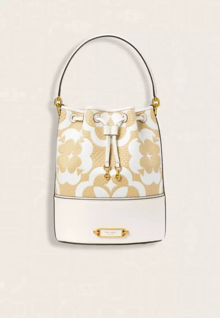 Kate Spade Spade Flower Monogram Raffia Gramercy Medium Bucket Bag Cream