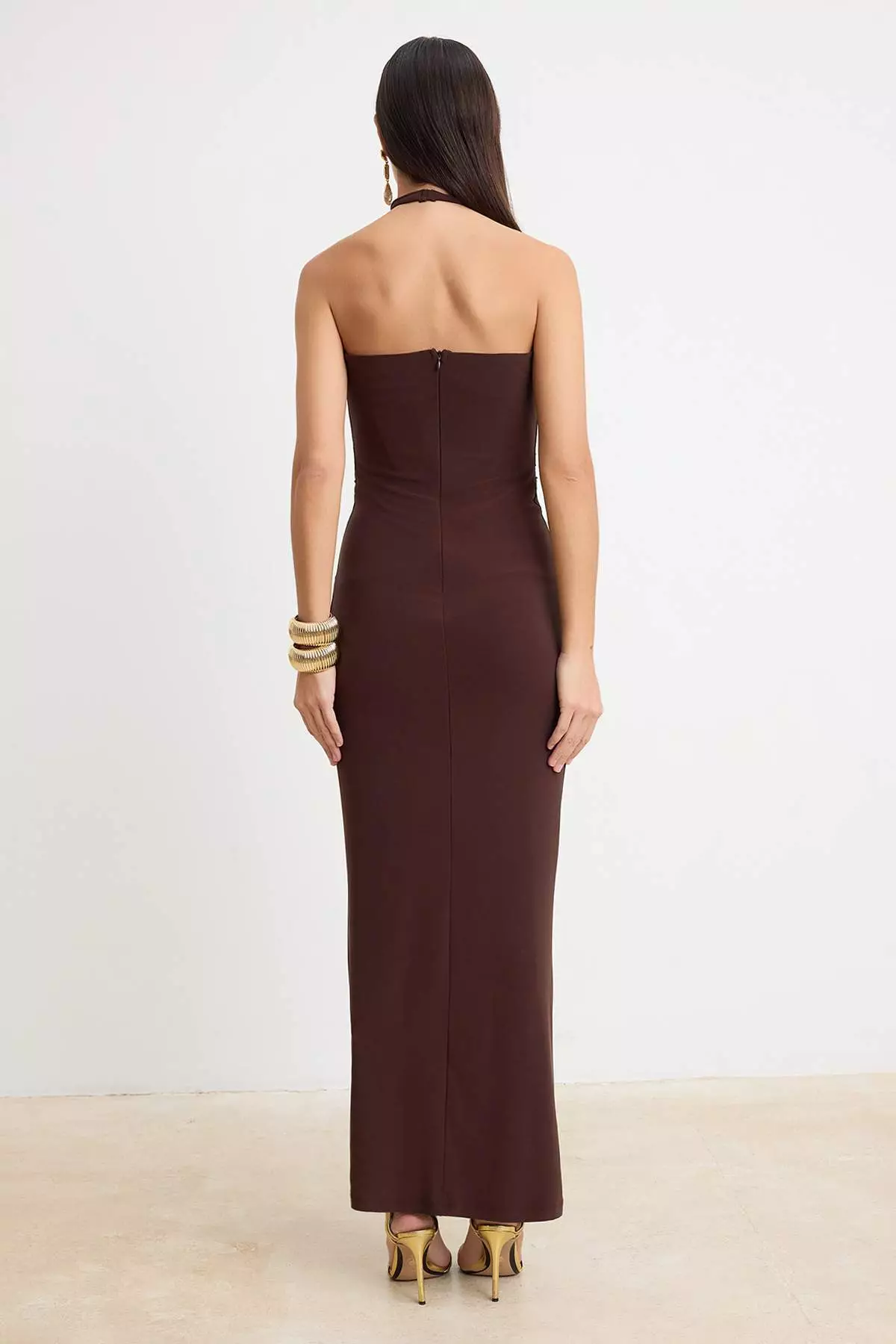 Brown Woven Maxi Evening Dress & Graduation Gown