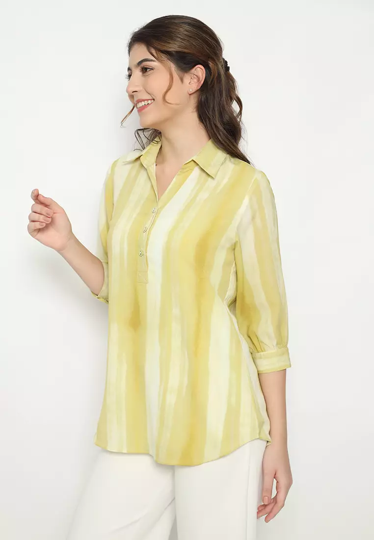 Stripe V neck Blouse Chifon In Yellow By Brilliant Girl Warna KUNING