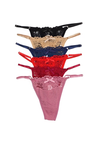 Kiss & Tell black and red and pink and blue and beige 6 Pack Giselle Sexy Lace G String Thong Panties Bundle A 5D572USACA6285GS_1