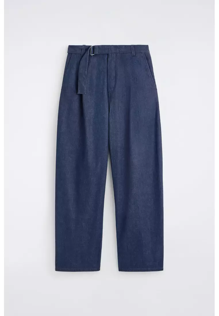 BELTED DENIM RELAXED-FIT BARREL-LEG TROUSERS