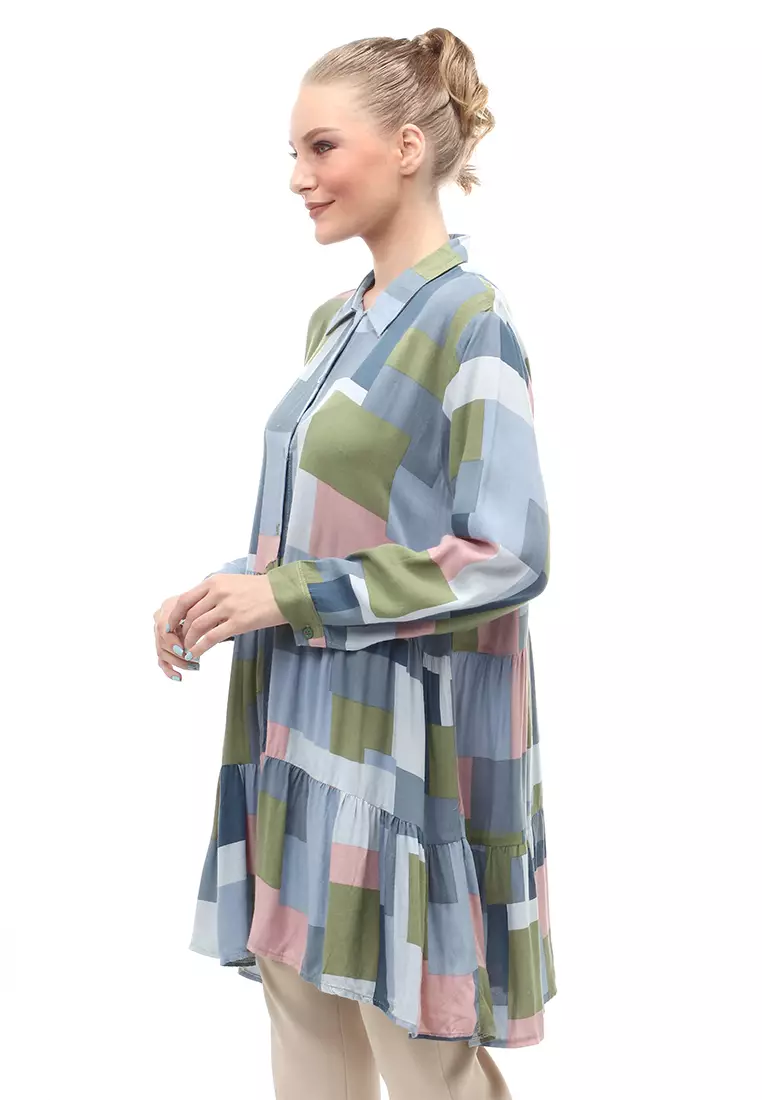 Tunik Atasan Wanita Long Sleeves Motif Abstrak Multicolor Relaxed Fit - Motif 4