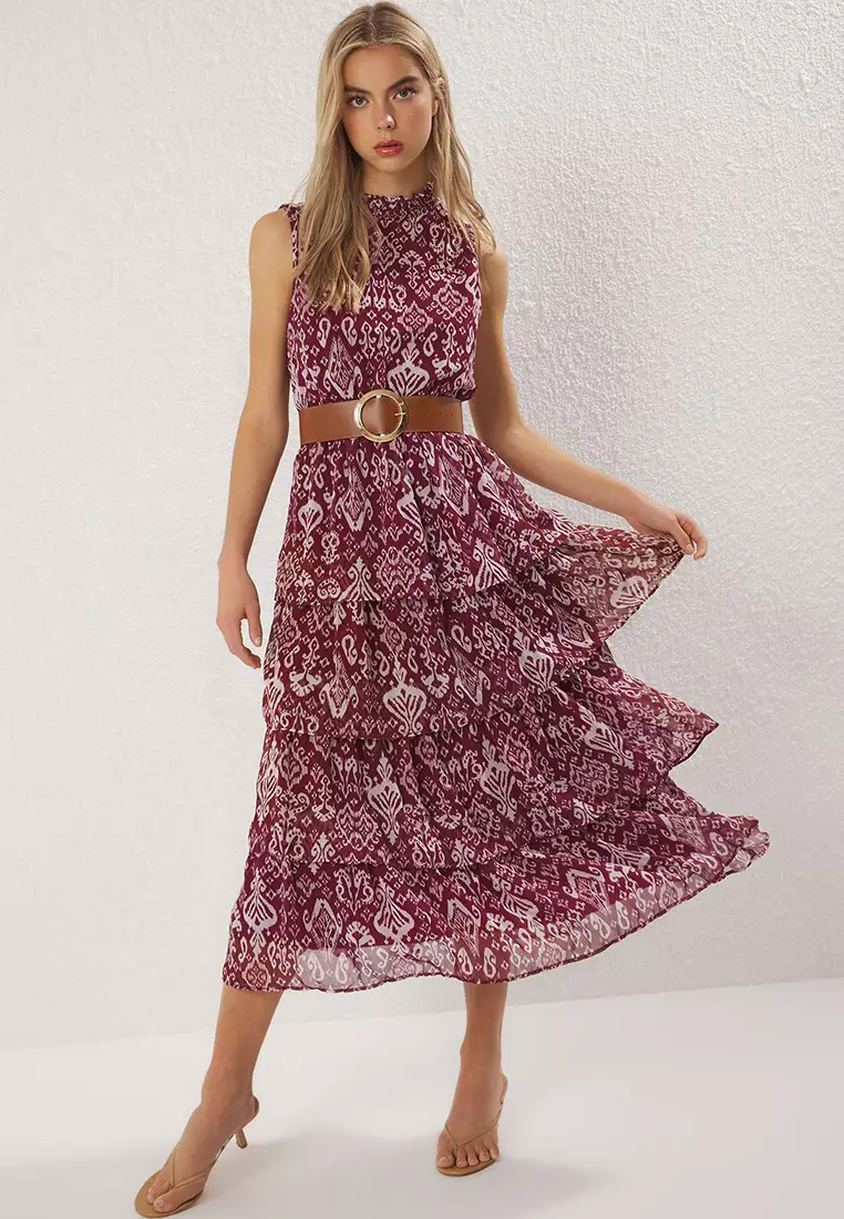 Burgundy Belted Ethnic Skirt Waist Open Maxi Woven Dress Twoss25El00817