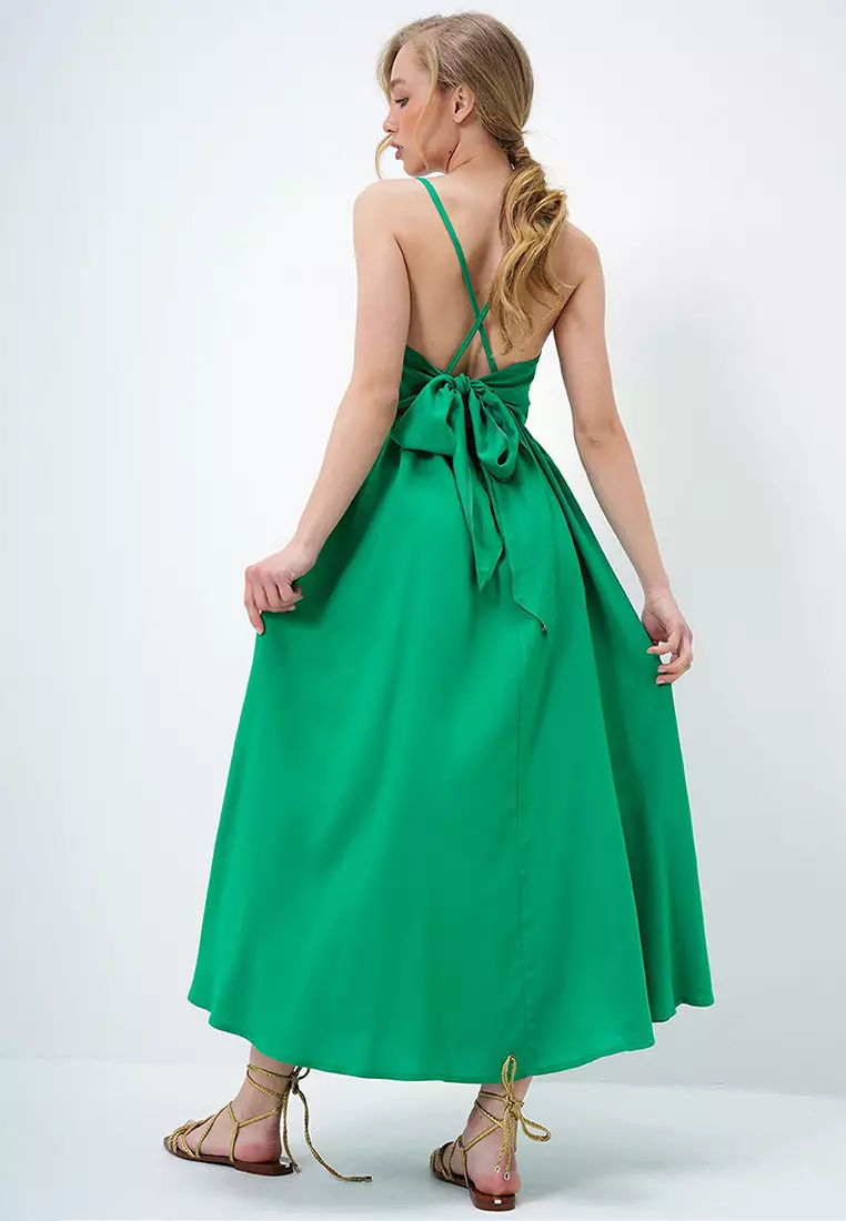 Women's Green Rope Strap Back Tie Detailed Maxi Length Summer Dress Alc-X13471