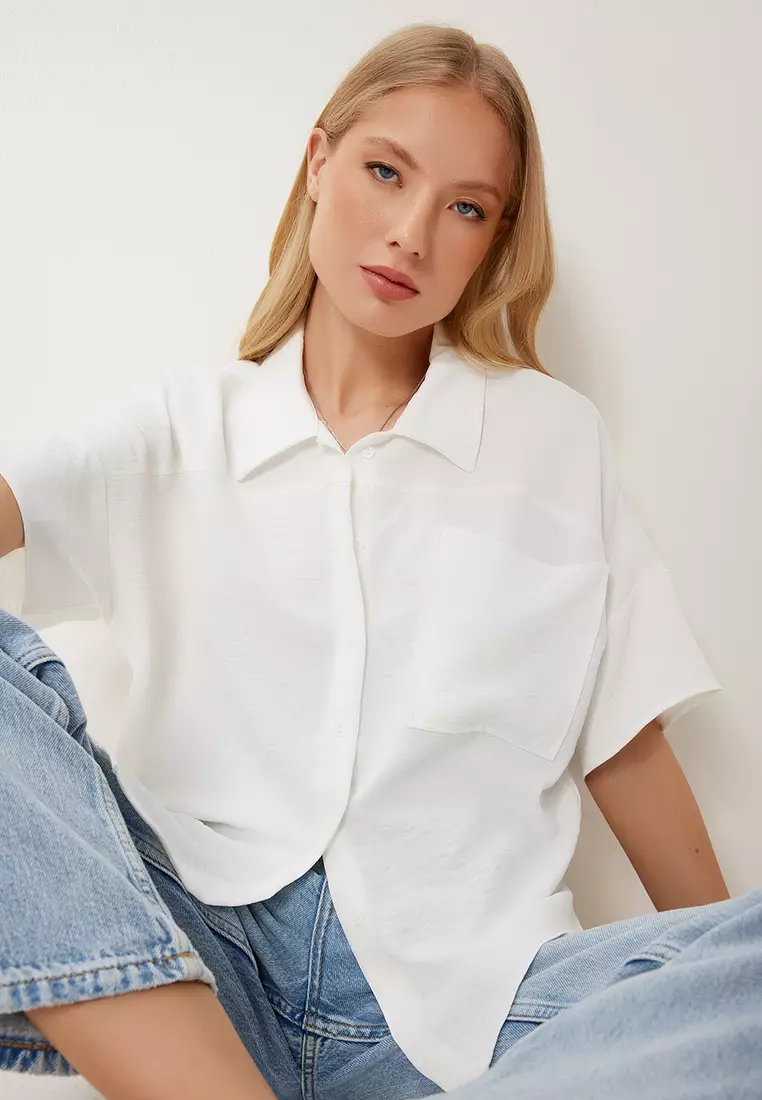 Women's Ecru Wrinkle Effect Pocket Woven Blouse Mx00193