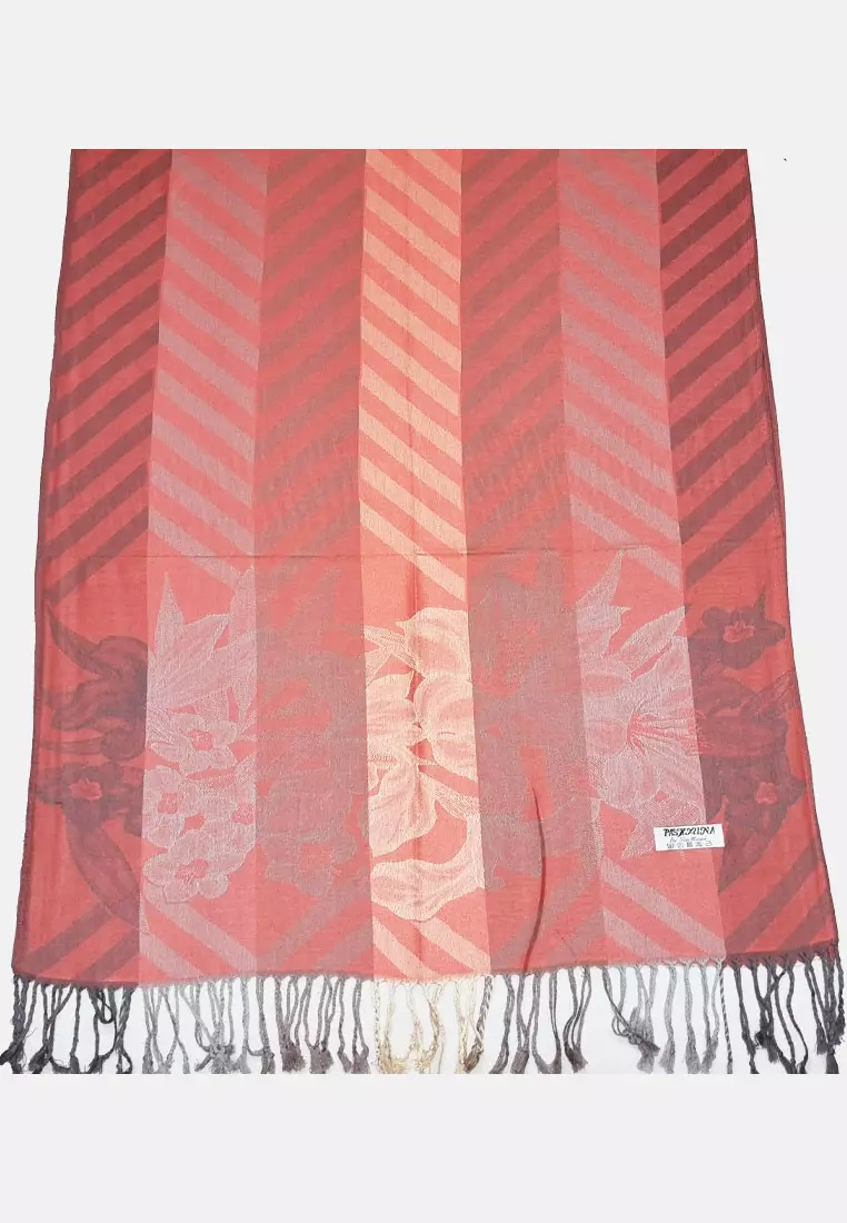 Aksesoris Wanita Viscose Zig Zag Flora Pattern Pashmina Shawl Syal Wanita Salmon