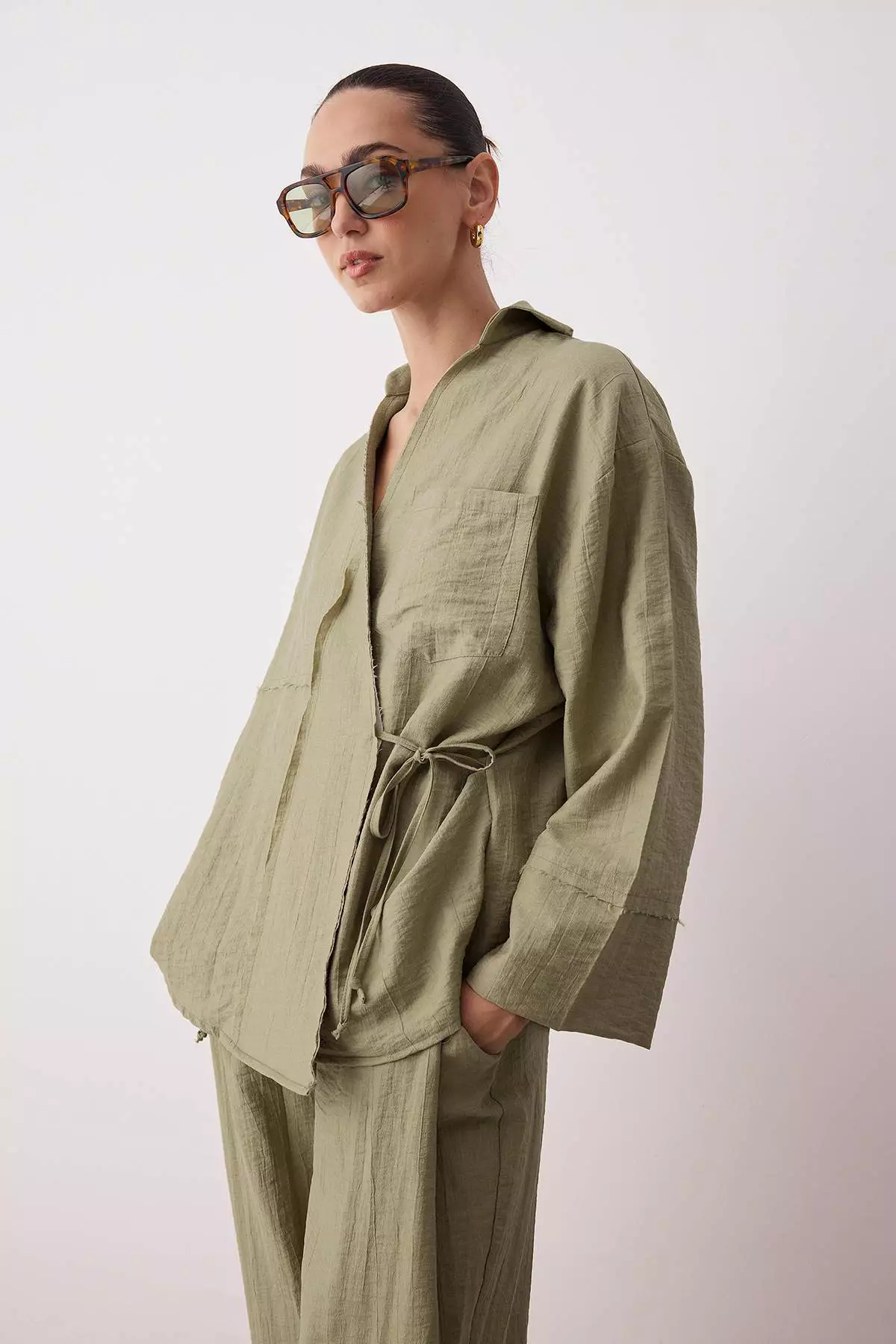 Khaki Double Breasted Kimono Pants Woven Bottom - Top Set Twoaw26Au67