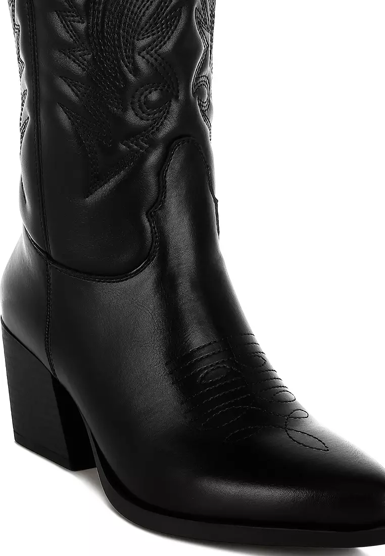 Faux Leather Long Cowboy Boots in Black