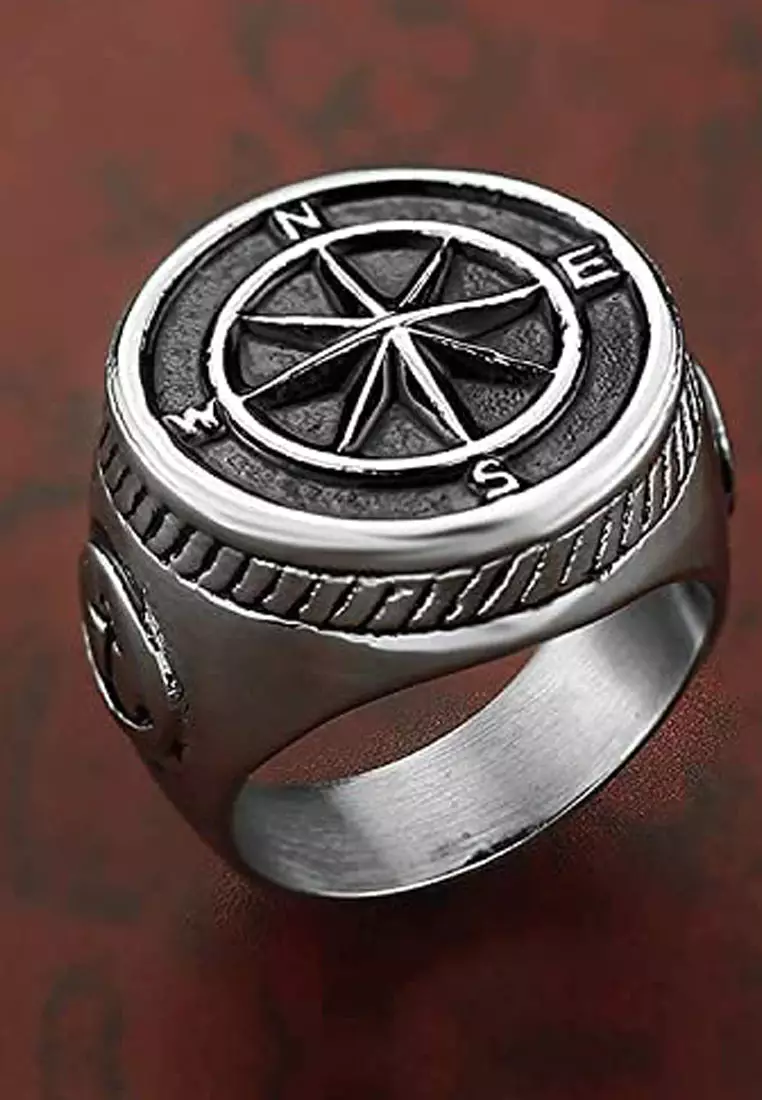 Compass Stainless Steel Ring Cincin Pria Silver