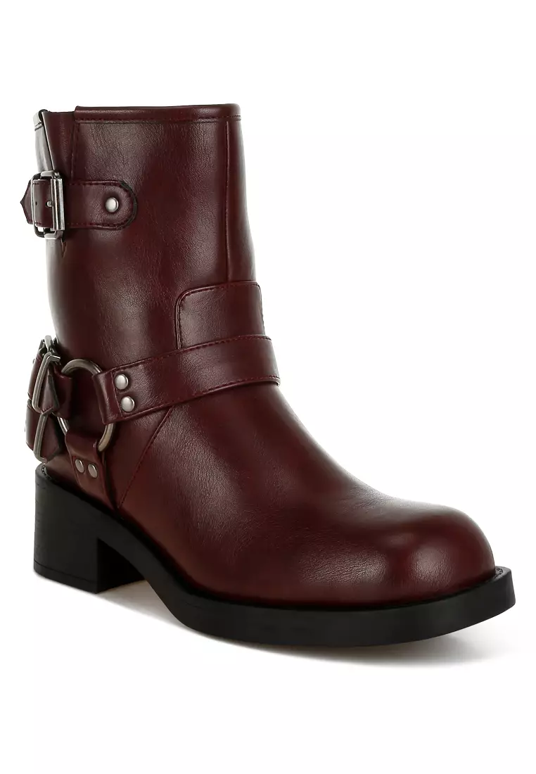 Harness Detail Biker Boots in Burgundy