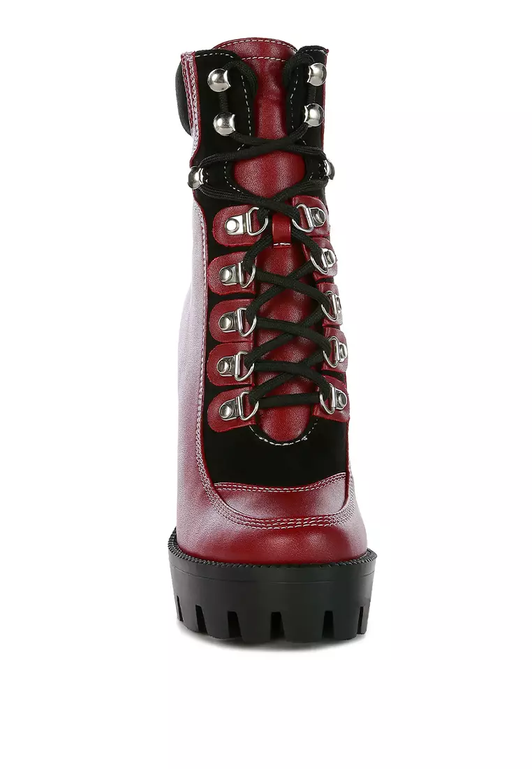 High Heel Lace-Up Biker Boot in Burgundy black