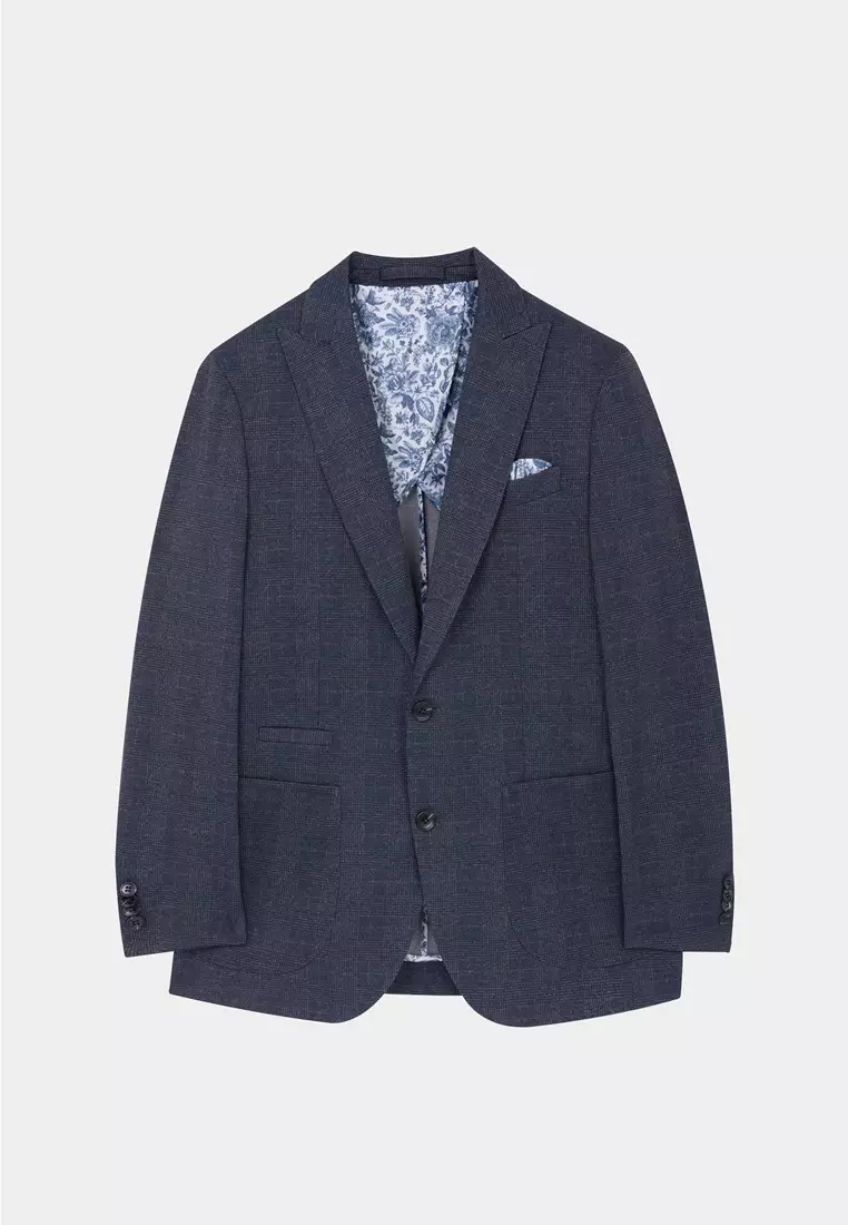 Gray-blue Check Slim Stretch Jersey Blazer