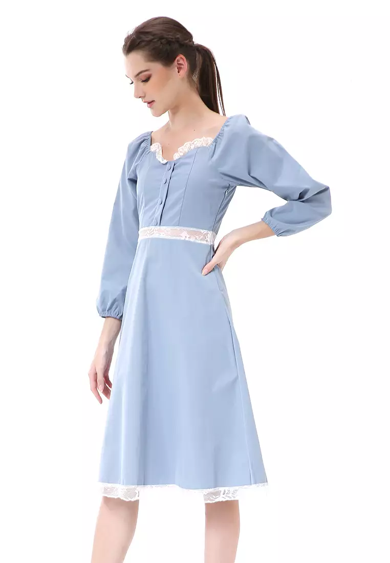 Rachel Dress Retro Vintage Wanita Long Sleeve Simple Elegan Material Cotton ORIGINAL - Sky Blue