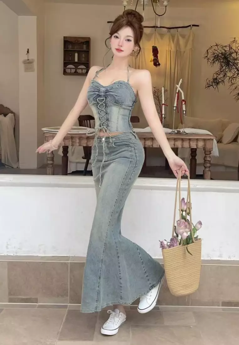 Denim overalls top and fitted skirt sexy set CA26033031BL