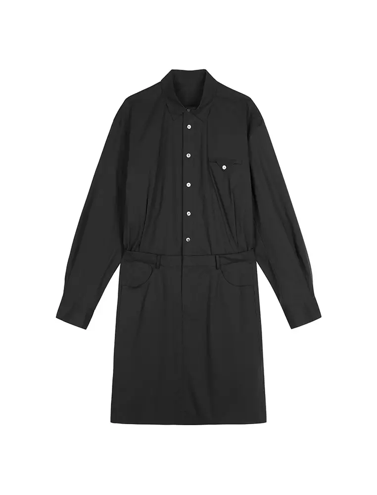 纯色衬衫领长袖连衣裙