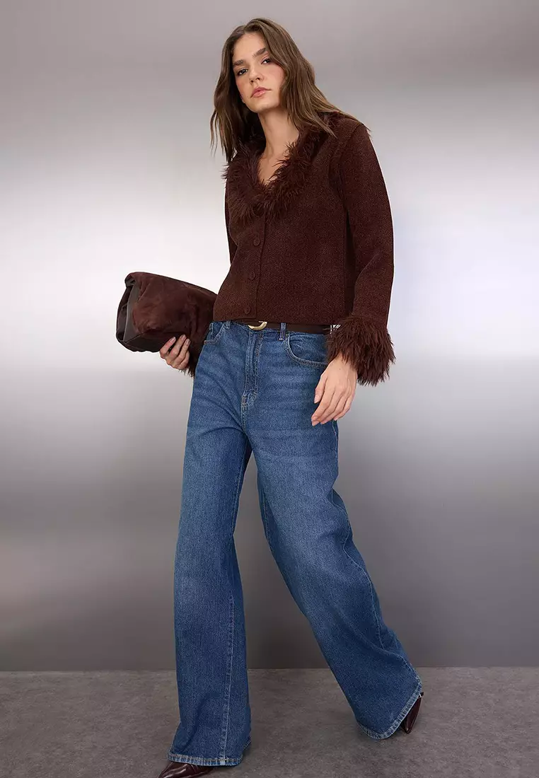 Brown Special Yarn Otris And Fur Detailed Knitwear Cardigan