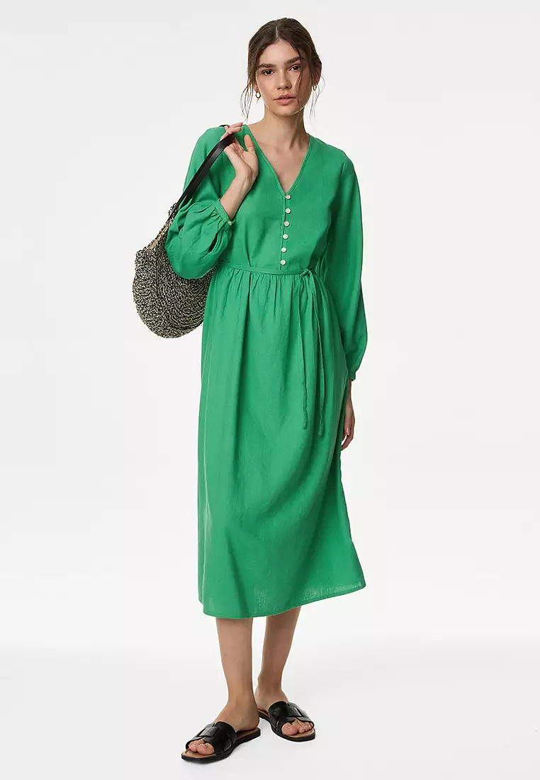 Linen Rich V-Neck Midi Shift Dress
