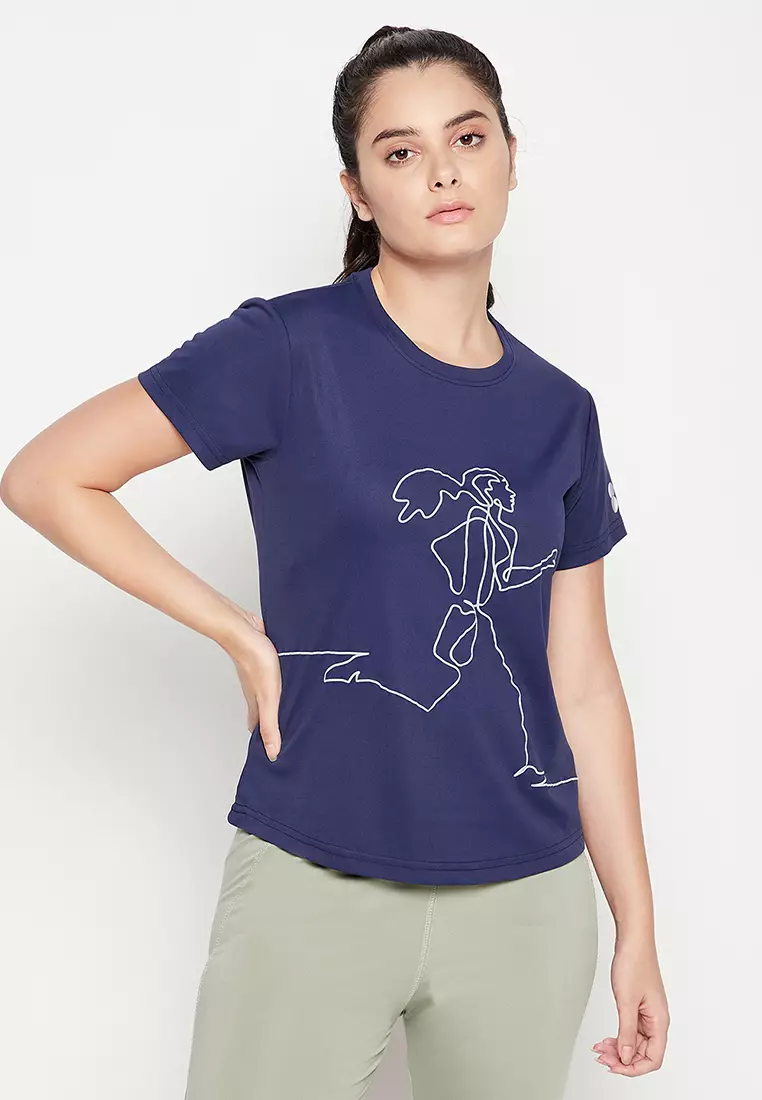 Buy Clovia Comfort Fit Line Art Print Active T-shirt in Navy 2024 ...