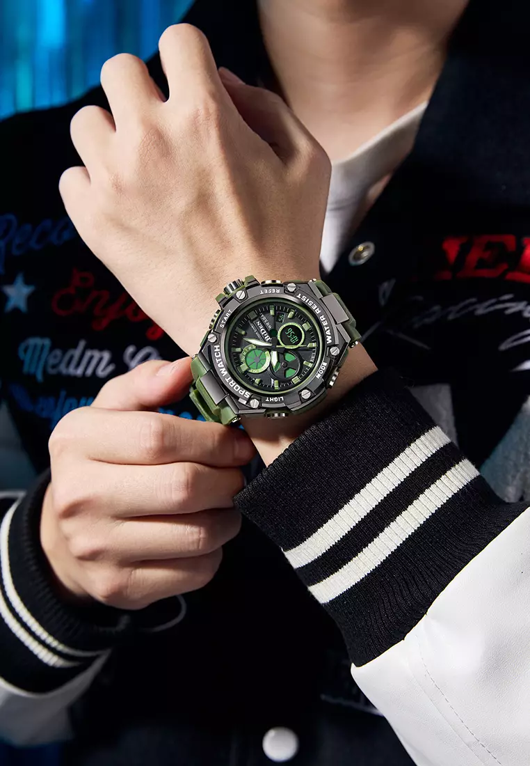 Jam Tangan Pria Original Digital&Analog Bercahaya Anti Air Alarm Tali Silikon Jam Tangan Cowok Olahraga green