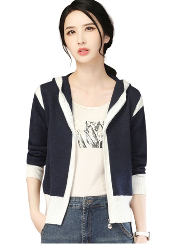 A-IN GIRLS white and navy Stylish Contrast Hooded Knit Jacket C0FECAACD64B58GS_1