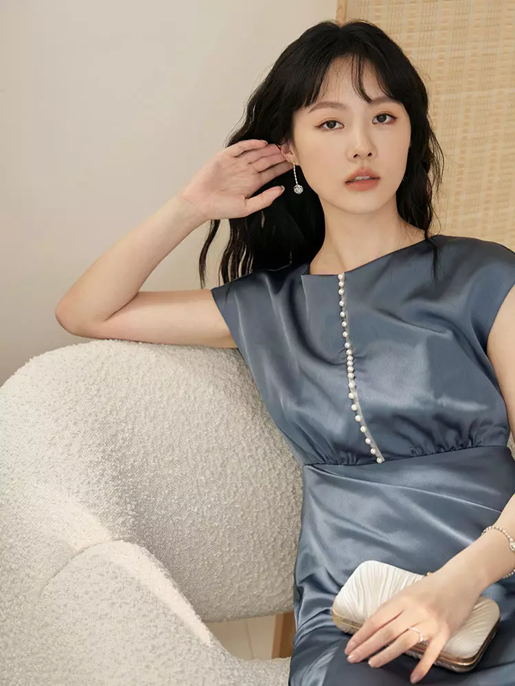 Pearl-Embellished Mermaid A-Line Satin Dress [DA10067]