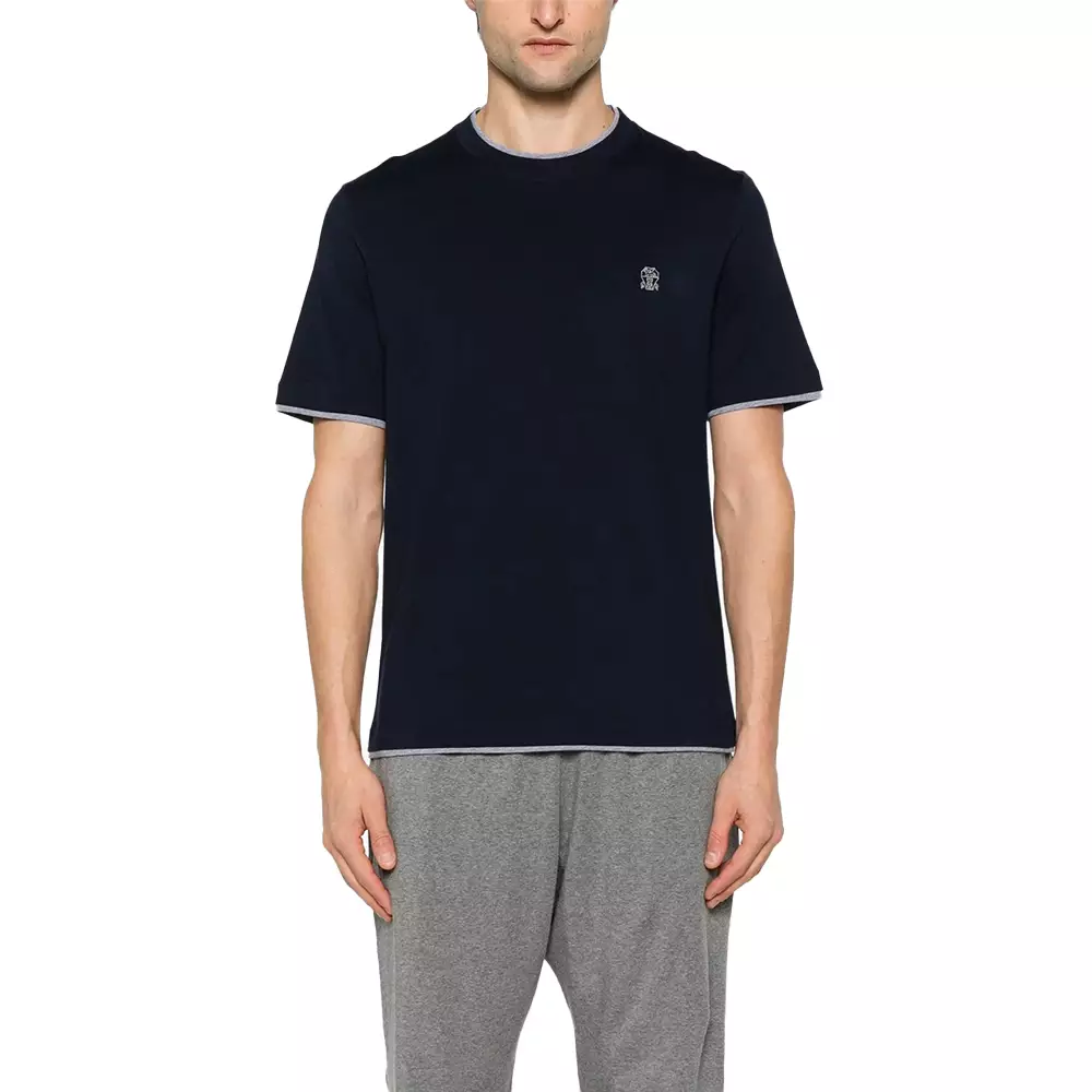 [4.4PRIL KEJUTAN HARGA] Logo and Faux-Layering Cotton Jersey Crew Neck T-Shirt Navy