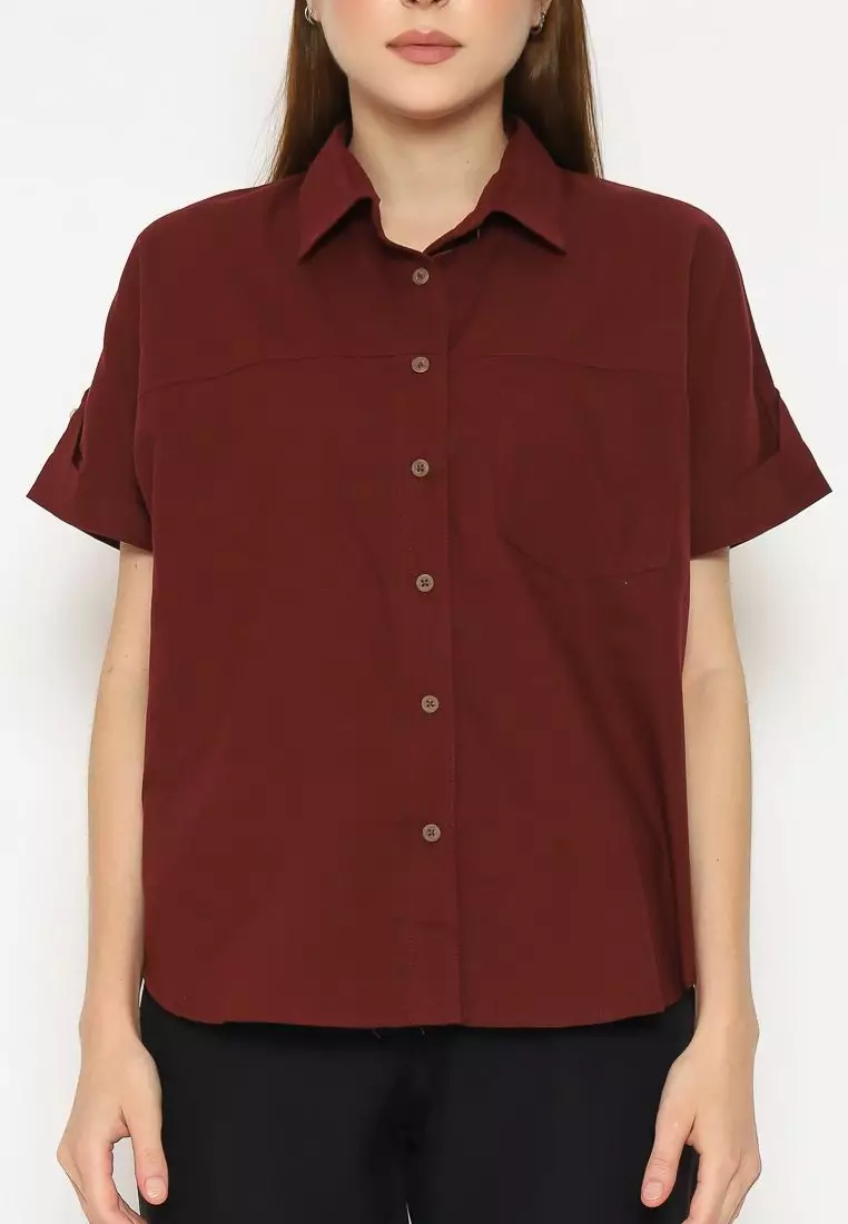 Urban Exchange Kemeja Alisha Maroon - Kemeja Basic Lengan Pendek
