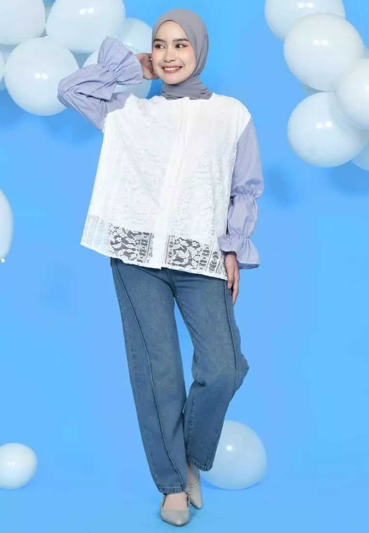 Seika Lace Top - Bw - Stripe Blue M18225 R15S3